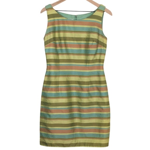 Maggy London Dresses & Skirts - MAGGY LONDON 100% Silk Striped Sheath Dress Sz 8 Green Teal Copper Sleeveless